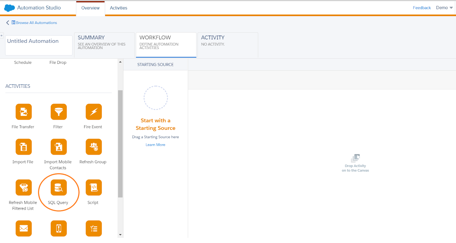 Creation on SQL query activity in Automation Studio in Salesforce Marketing Cloud
