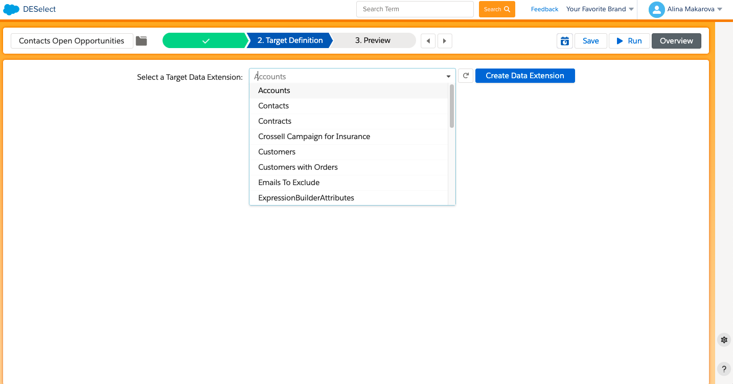 Choose a new target data extension in DESelect for Salesforce Marketing Cloud