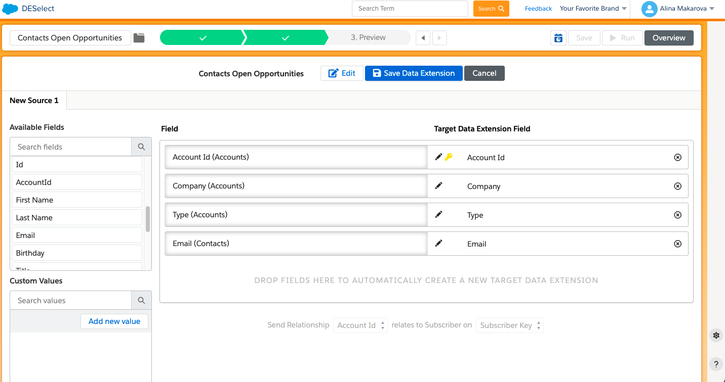 Create a new data extension in DESelect for Salesforce Marketing Cloud
