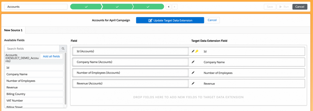 Accounts data extension taget definition in DESelect