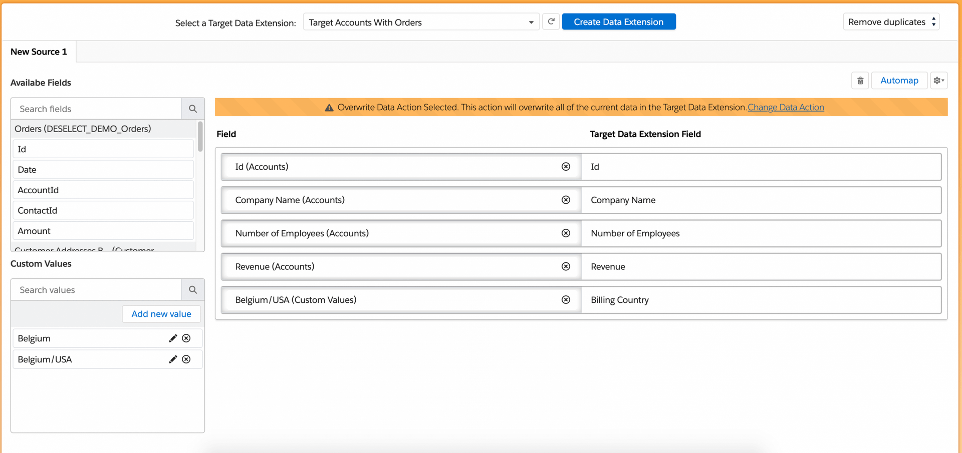 Target Accounts with Orders data extension in DESelect