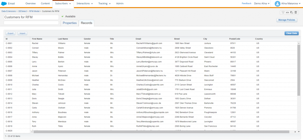 Customers for RFM data extension in Salesforce Marketing Cloud