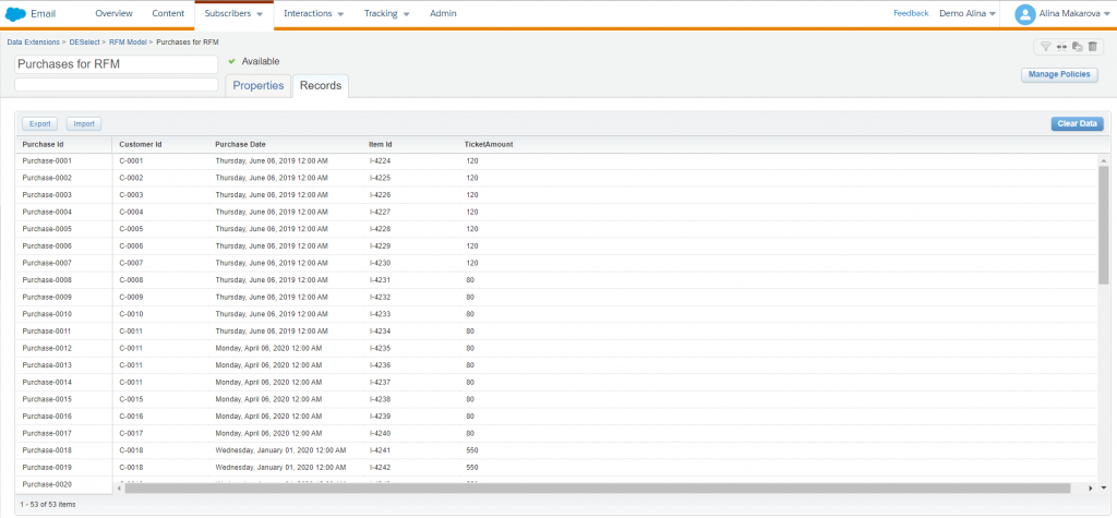 Purchases for RFM data extension in Salesforce Marketing Cloud