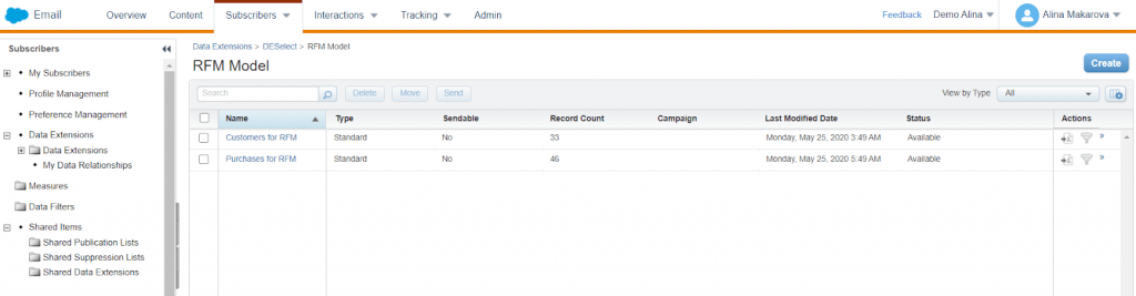 RFM Model data extensions in Salesforce Marketing Cloud