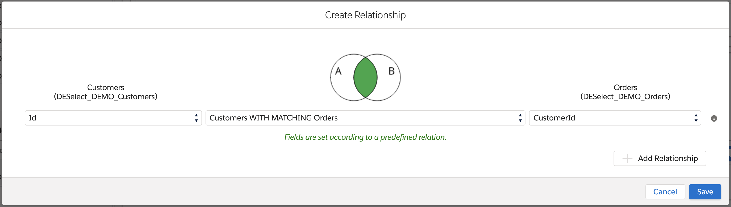 JOIN representation for predefined relations in DESelect