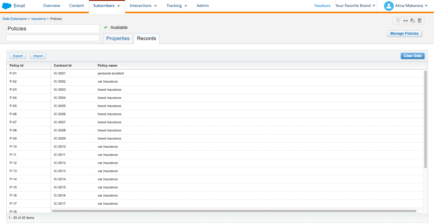 Policies data extension in Salesforce Marketing Cloud