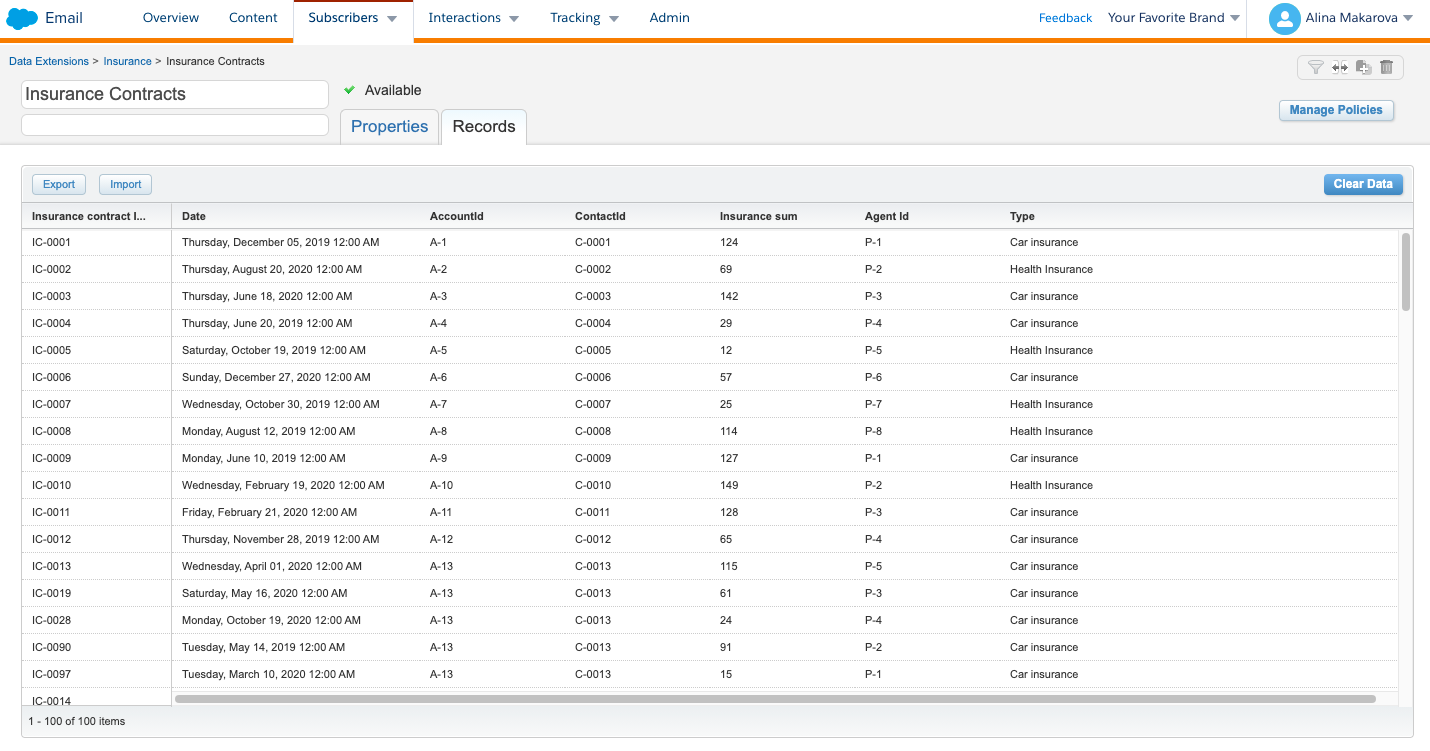 Insurance Contracts data extension creation in Salesforce Marketing Cloud