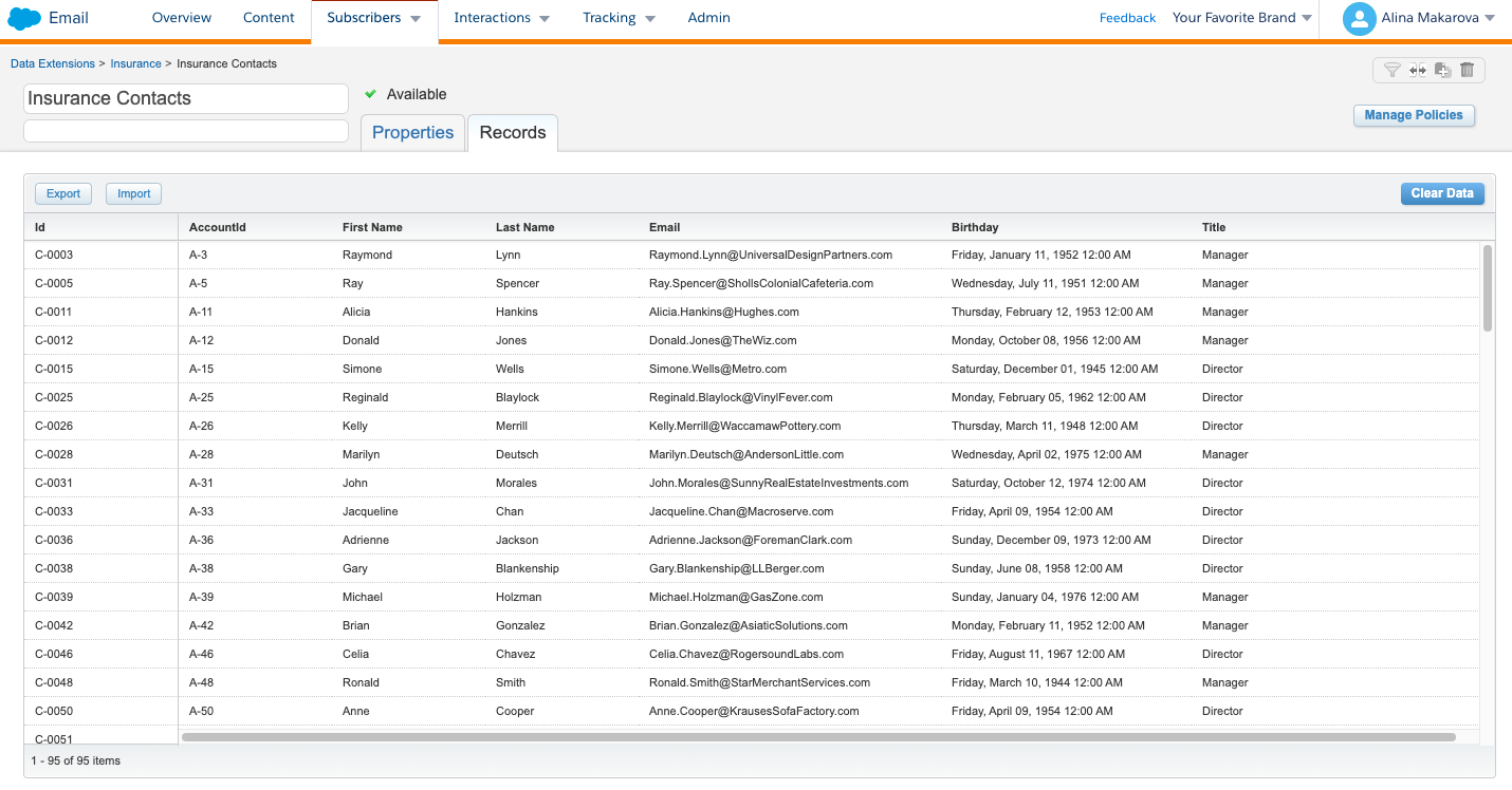 Insurance Contacts data extension created in Salesforce Marketing Cloud