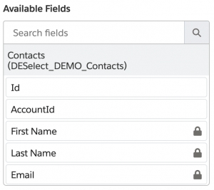Available fields to use when building a selection in DESelect