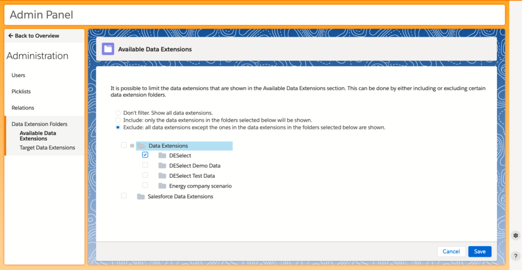 Admin Panel available data extensions in DESelect
