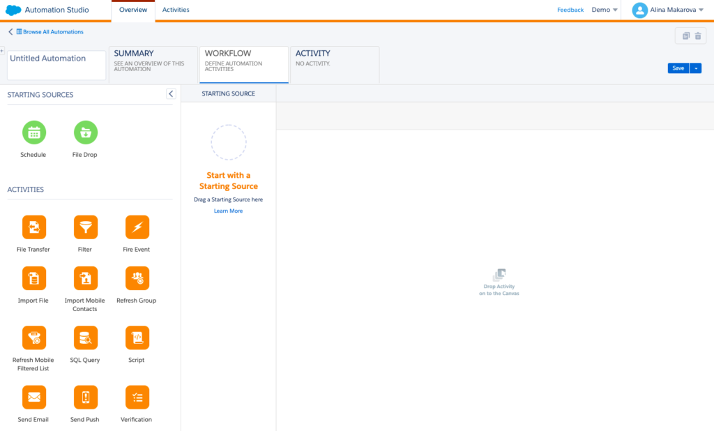 Automation Studio canvas in Salesforce Marketing Cloud