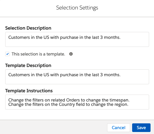 Selection templates and descriptions