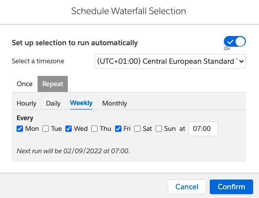 Schedule Waterfall Selection Repeat