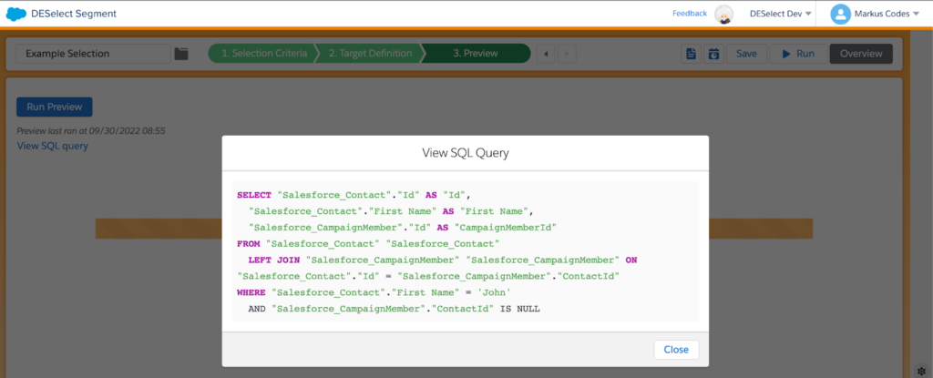 SQL query in DESelect Segment