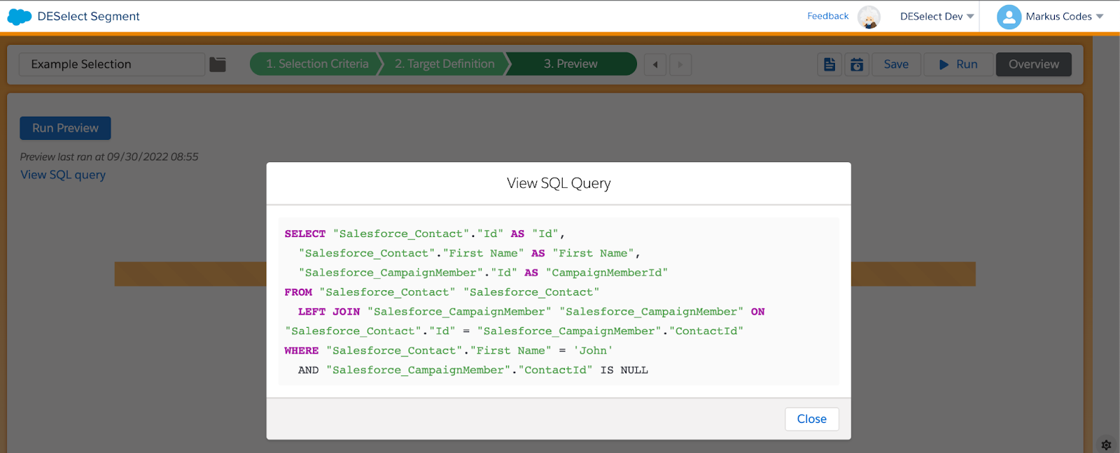 SQL query in DESelect Segment