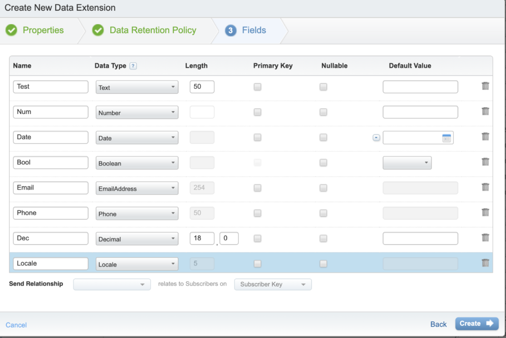 Creating fields on a data extension.