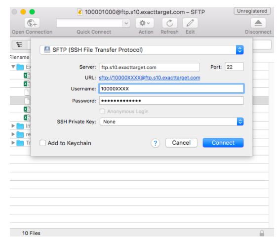 The FileZilla interface when connecting the FTP to SFMC to do data imports and exports