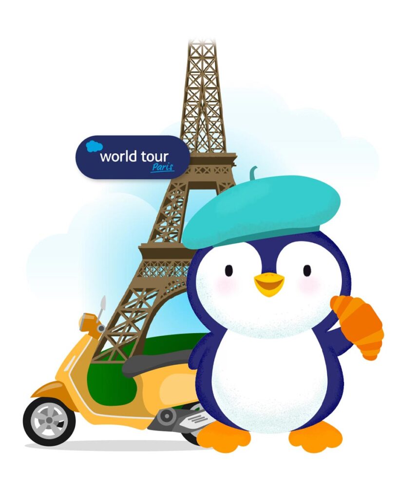 Deedee from DESelect is pictured in a Parisian landscape for Salesforce World Tour Paris