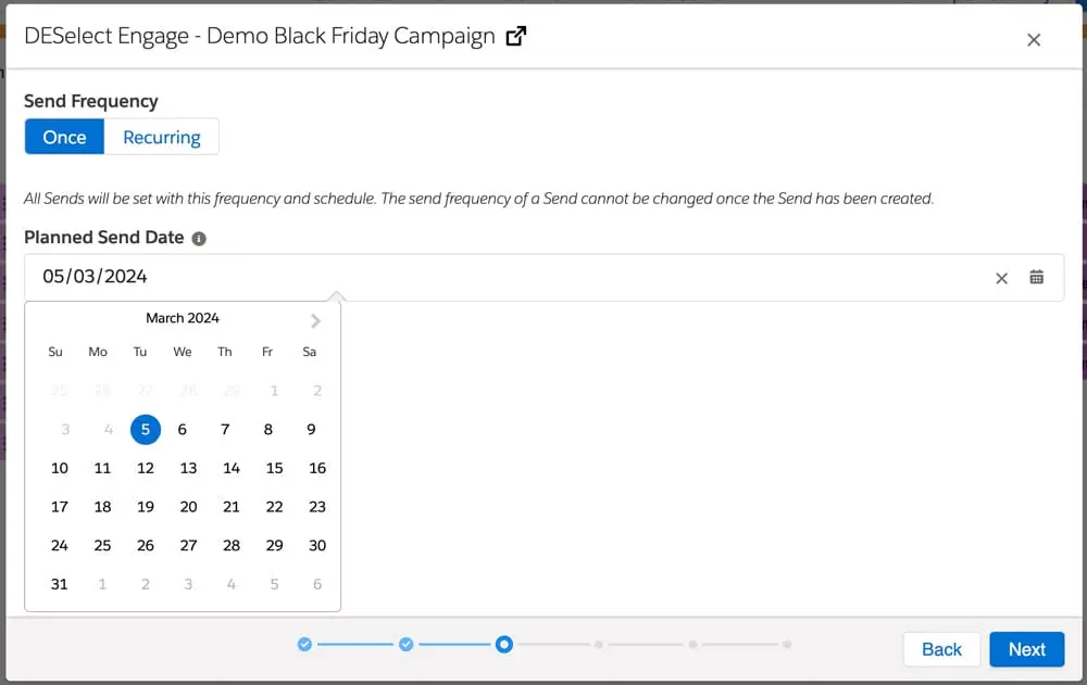 Configure your sends as one-time or recurring, all in the same import modal.