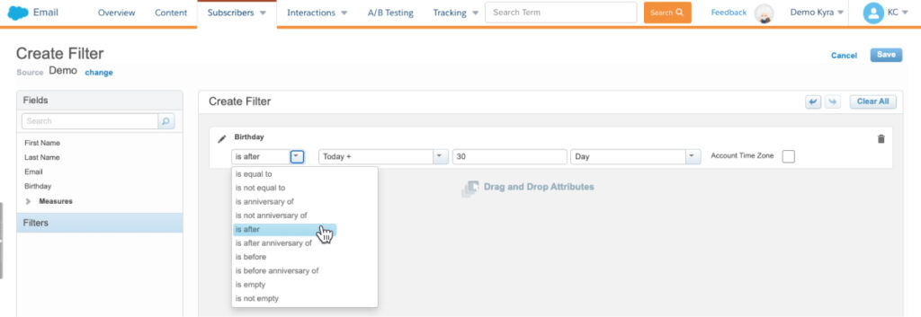 Setting up a relative date filter in Salesforce Marketing Cloud, with drop-down menus to select date attributes and define the range as 'next 30 days'