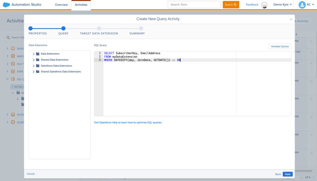 SQL query editor in Salesforce Marketing Cloud with a code snippet using GETDATE() to filter subscribers who joined in the last 30 days.