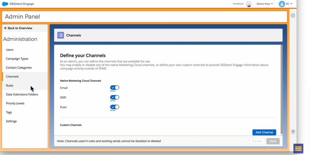 Engage Admin Panel - Channel Type
