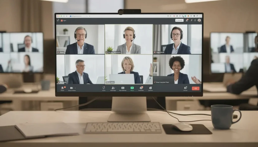 The image shows a group of professionals engaged in a virtual meeting, with multiple computer screens displaying their faces. They appear to be discussing strategies related to Salesforce campaigns, focusing on elements like campaign hierarchy and marketing efforts to enhance their campaign performance.
