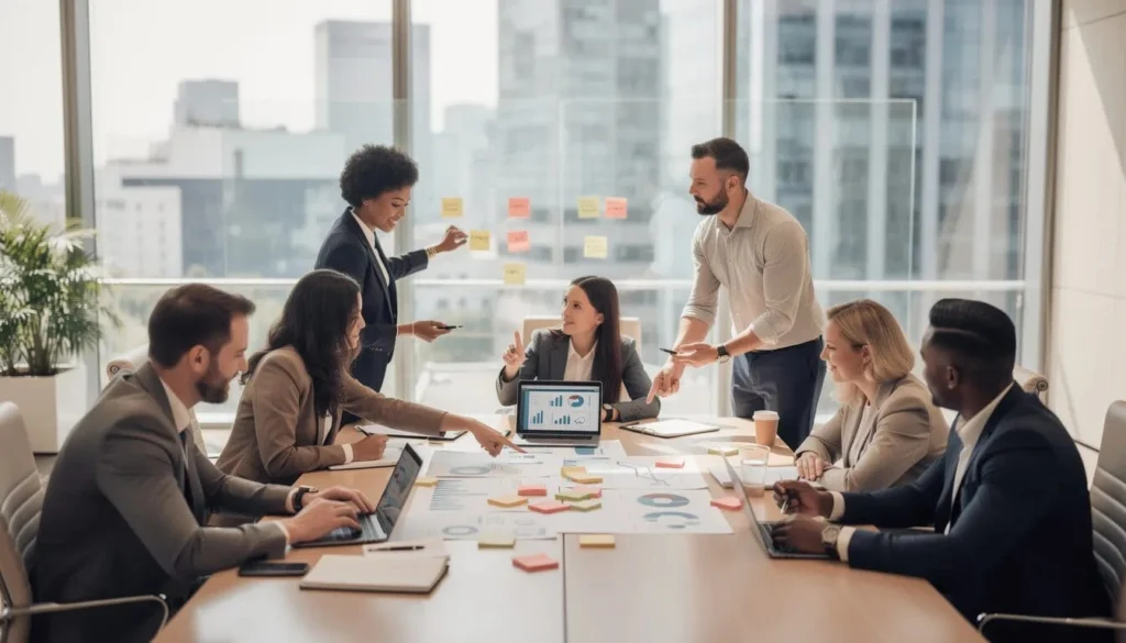 The image depicts a diverse team of professionals engaged in a collaborative planning meeting in a modern office, discussing strategies to enhance customer relationship management using AI-powered CRM tools. They are focused on analyzing customer data and improving customer engagement to drive sales performance and satisfaction.