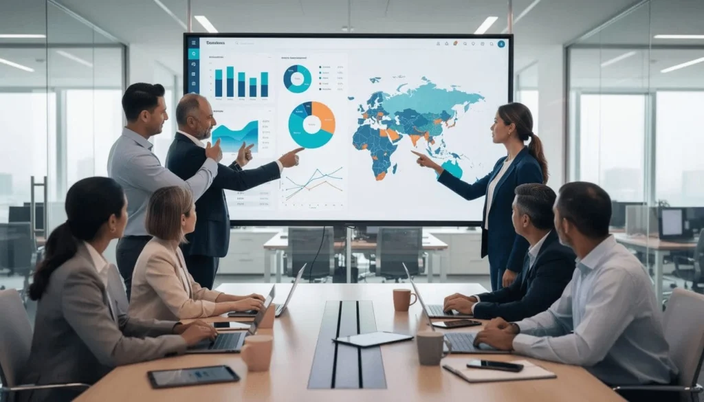 A modern business team is collaborating around a large screen that displays vibrant data visualizations, showcasing insights derived from multiple data sources. This dynamic environment emphasizes the importance of data-driven decisions and the use of advanced analytics tools like Salesforce and Tableau for creating interactive dashboards and actionable insights.