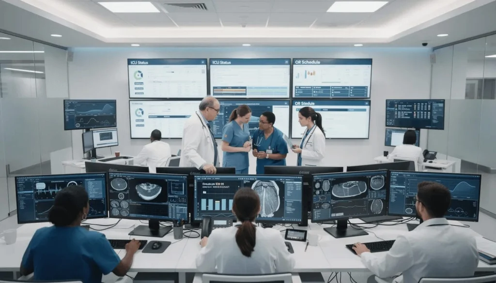 A group of healthcare professionals collaborates around computer screens in a modern hospital operations center, utilizing electronic health records to enhance patient care and improve patient outcomes. This teamwork exemplifies the integration of Salesforce Health Cloud in streamlining workflows and delivering personalized care within the healthcare industry.