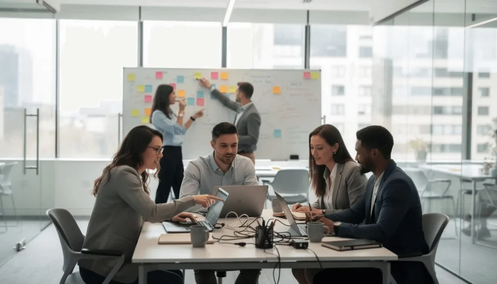 A diverse team of healthcare professionals is collaborating in a modern office, surrounded by whiteboards and using laptops to enhance patient care. They are likely discussing strategies to improve patient outcomes and streamline workflows within the healthcare industry, utilizing tools such as Salesforce Health Cloud to manage electronic health records and patient data effectively.