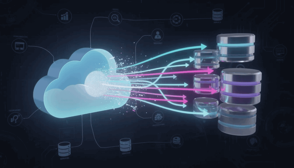 The image depicts an abstract representation of data flowing seamlessly between connected cloud and database systems, illustrating the complexity of the Salesforce data migration process. It symbolizes the transfer of customer data, highlighting the importance of data integrity and quality during migration tasks.