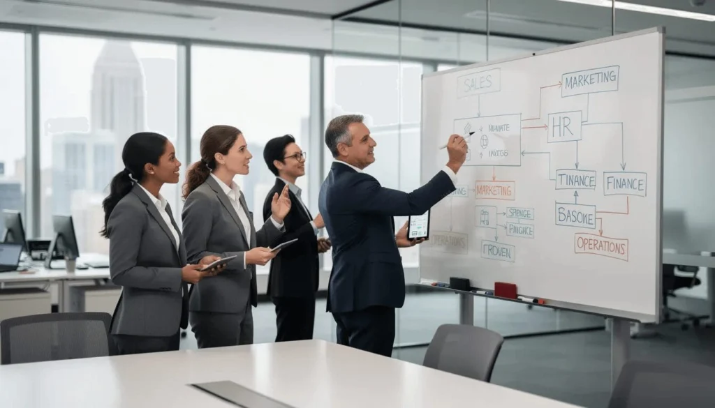 The image depicts a group of business professionals gathered around a whiteboard, actively reviewing and discussing organizational charts that illustrate the role hierarchy within their company. They are analyzing how sharing rules and data access can be structured to grant access to records owned by users, emphasizing the importance of user management and visibility in their large organization.