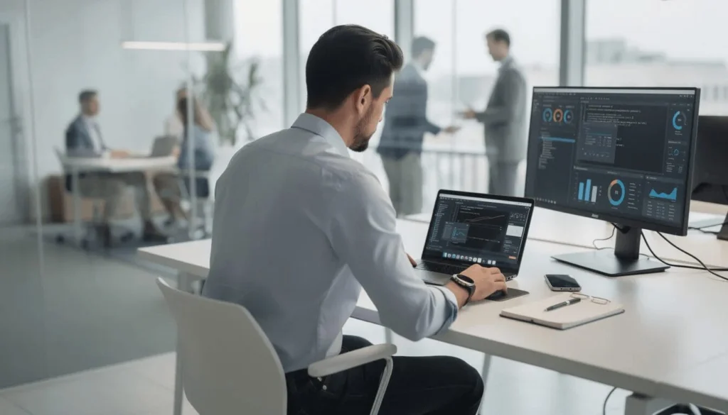 The image shows a technology professional focused on configuring software on a laptop in a modern office environment, illustrating the importance of user management and access settings within a Salesforce org. The professional is likely working on sharing rules and role hierarchy to ensure proper data access and record management for all users in the organization.