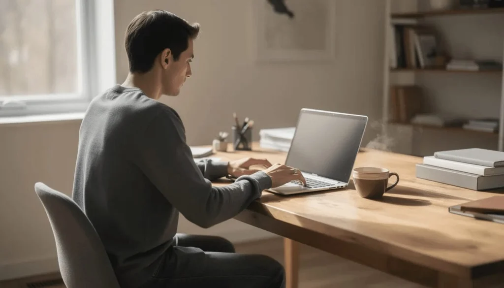 A person is sitting at a desk, focused on their laptop while a coffee cup rests nearby, symbolizing the blend of online learning and hands-on experience essential for advancing their career. This scene reflects a commitment to learning in-demand skills and earning resume-worthy credentials within the global trailblazer community.