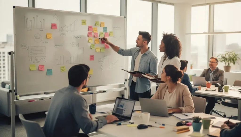 A marketing team is collaborating around a large whiteboard filled with colorful sticky notes, discussing their strategies for the campaign hierarchy, including parent and child campaigns. The team is focused on organizing their marketing efforts to track metrics and manage individual campaigns effectively.