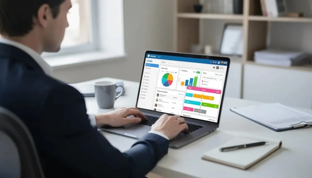 A person is seated at a desk, focused on a laptop that displays a CRM dashboard featuring various metrics related to Salesforce campaigns. The screen shows campaign performance indicators and a campaign hierarchy, highlighting the marketing team's efforts to manage leads and contacts effectively.