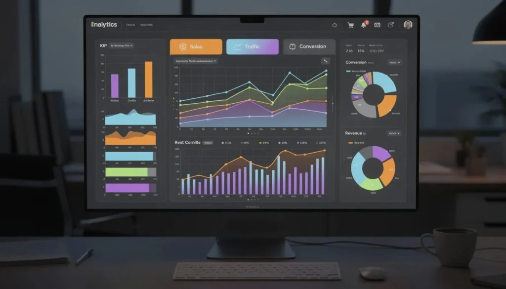The image features a digital dashboard displaying colorful charts and graphs that visualize various metrics related to Salesforce campaigns, including campaign performance and marketing initiatives. This dashboard aids marketing teams in tracking the effectiveness of their campaigns and understanding the relationship between leads and contacts.