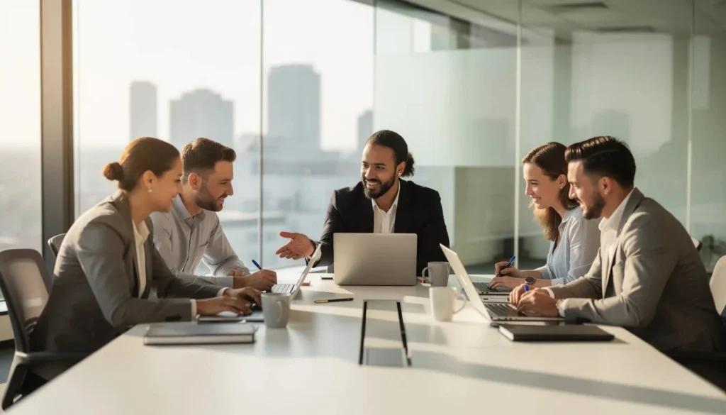 The image depicts a marketing team engaged in a collaborative meeting around a conference table, equipped with laptops, as they strategize on their Salesforce campaign hierarchy. The setting emphasizes teamwork and the organization of individual campaigns, focusing on marketing efforts and performance metrics to enhance their overall effectiveness.