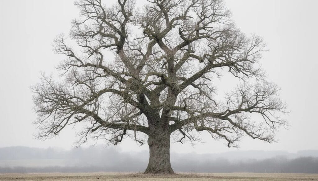 The image depicts a large tree showcasing its branching structure, with a sturdy trunk leading to prominent main branches and smaller limbs extending outward. This intricate hierarchy of branches can be likened to a campaign hierarchy in Salesforce, where each limb represents individual campaigns, illustrating how parent campaigns can create child campaigns to effectively manage marketing efforts.