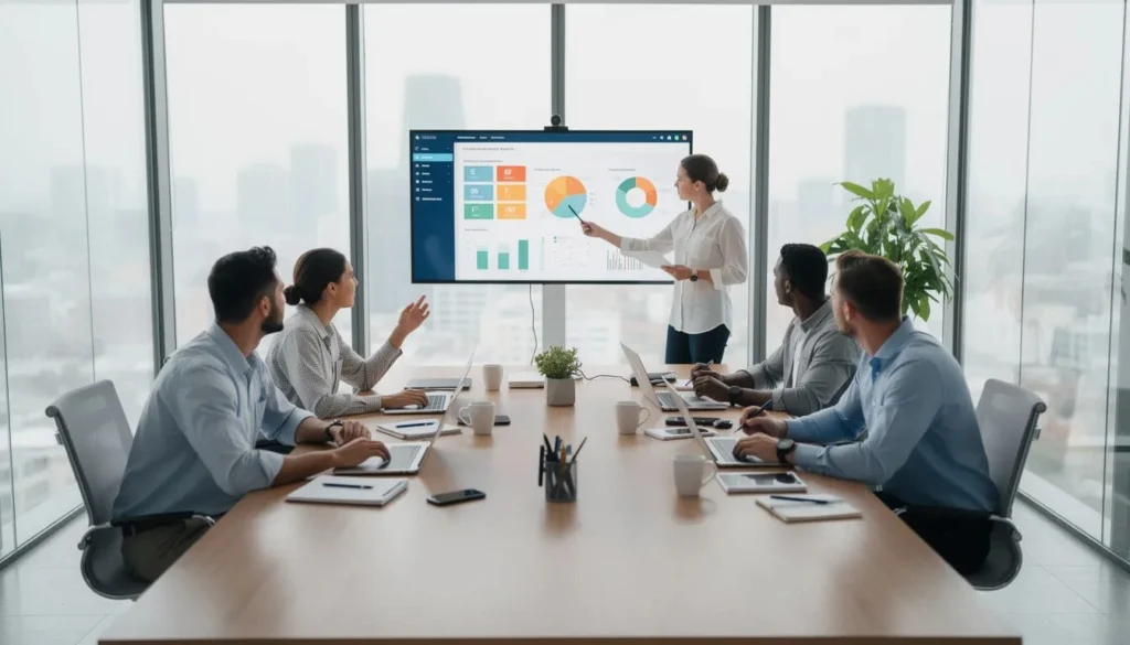 A diverse team is collaborating in a modern office meeting room, engaged in discussions that enhance operational efficiency and streamline business processes within the media and entertainment industry. The setting reflects a focus on maximizing customer lifetime value and improving advertising sales management through teamwork and innovative strategies.