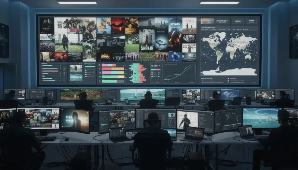 The image depicts a modern streaming service control room filled with multiple screens displaying various content and data analytics, crucial for optimizing operations in the media and entertainment industry. This setup enhances advertising sales management and supports media companies in maximizing customer lifetime value and revenue streams through actionable insights and streamlined business processes.