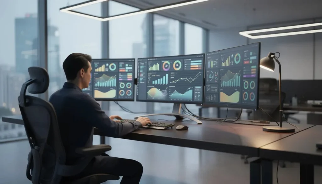 A person is seated at a modern computer workstation, surrounded by multiple monitors that display various dashboards related to the media and entertainment industry. This setup enhances operational efficiency and enables sales teams to maximize advertising revenue and customer lifetime value through actionable insights and streamlined business processes.