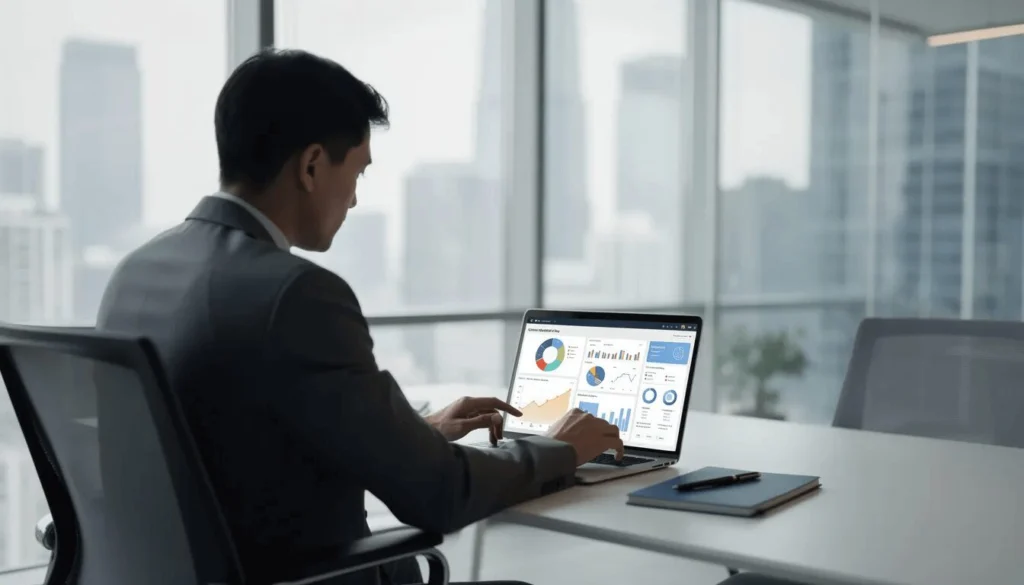 A professional is seated at a modern office desk, intently reviewing data displayed on a laptop screen, which likely includes insights related to customer interactions and various Salesforce records. The environment suggests a focus on tracking and managing new tasks, opportunities, and relationships within a dynamic sales cloud setting.