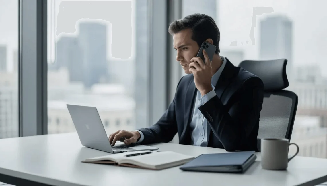 The image depicts a business professional seated at a desk, engaged in a phone call, illustrating a moment of customer interaction. The setting reflects a sales environment, where the individual may be discussing opportunities or tasks related to various Salesforce records, such as contact and opportunity IDs.