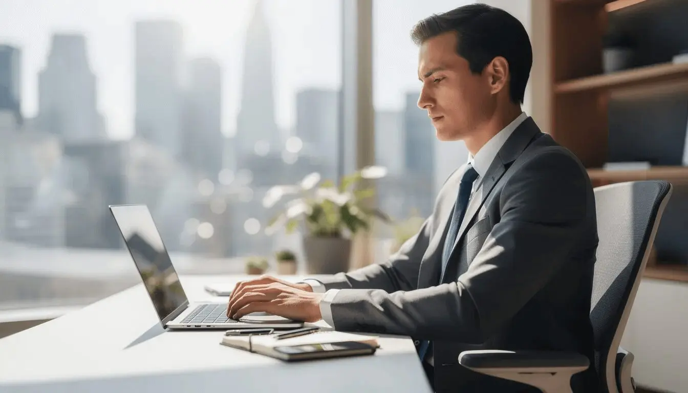 A business professional is seated at a sleek laptop in a modern office, focused on optimizing the sales process using Salesforce Sales Cloud. The environment is bright and contemporary, reflecting a space where sales teams can effectively manage customer data and drive sales growth.