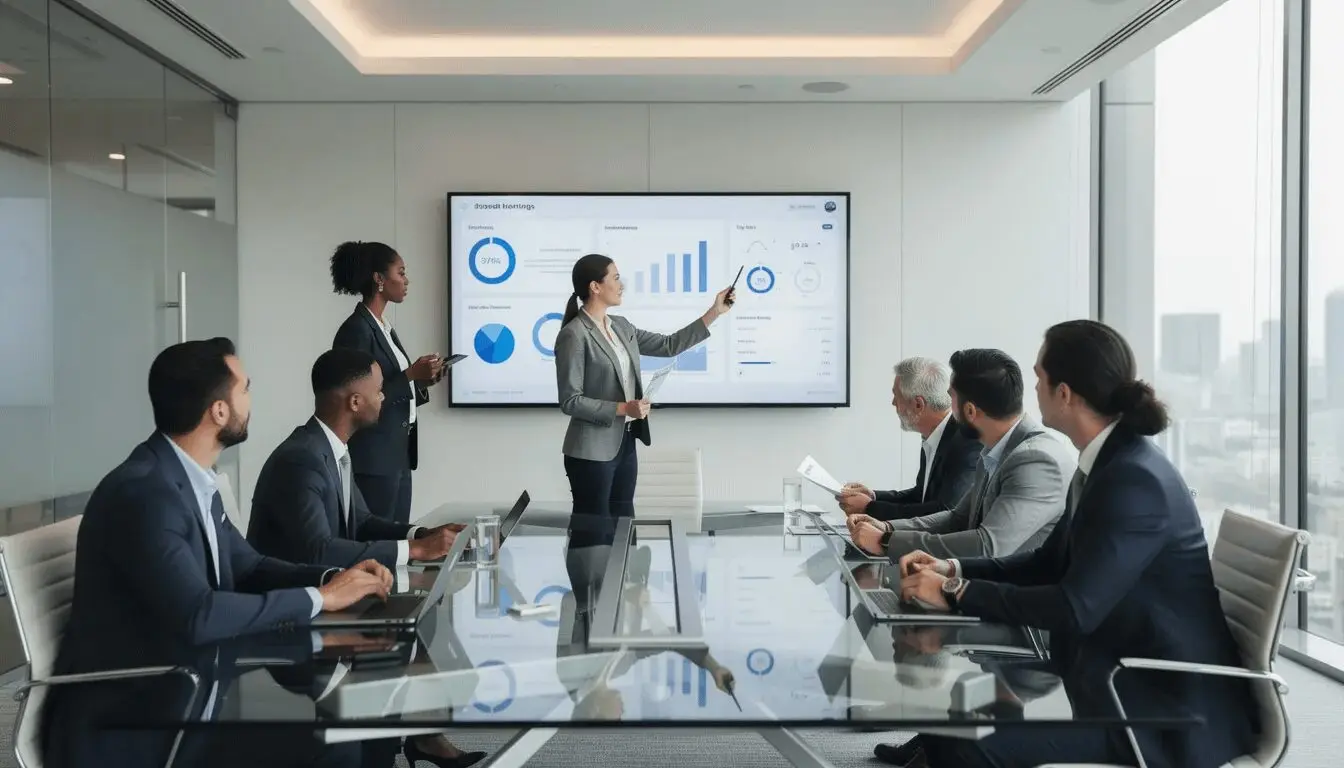 A diverse team of professionals is gathered around a conference table, actively discussing and reviewing information displayed on a large screen, which likely includes sales data and customer information relevant to their sales process. This collaborative environment highlights the importance of improved communication and teamwork among sales teams using tools like Salesforce Sales Cloud to drive sales growth and enhance customer relationships.
