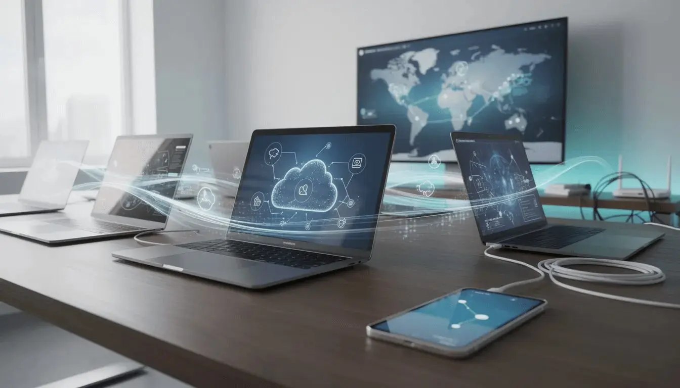 The image depicts a modern desk adorned with interconnected devices and laptops, symbolizing digital connectivity essential for sales teams. This setup reflects how the Salesforce Sales Cloud can enhance the sales process through improved collaboration and real-time data access, ultimately driving sales growth and optimizing customer relationships.