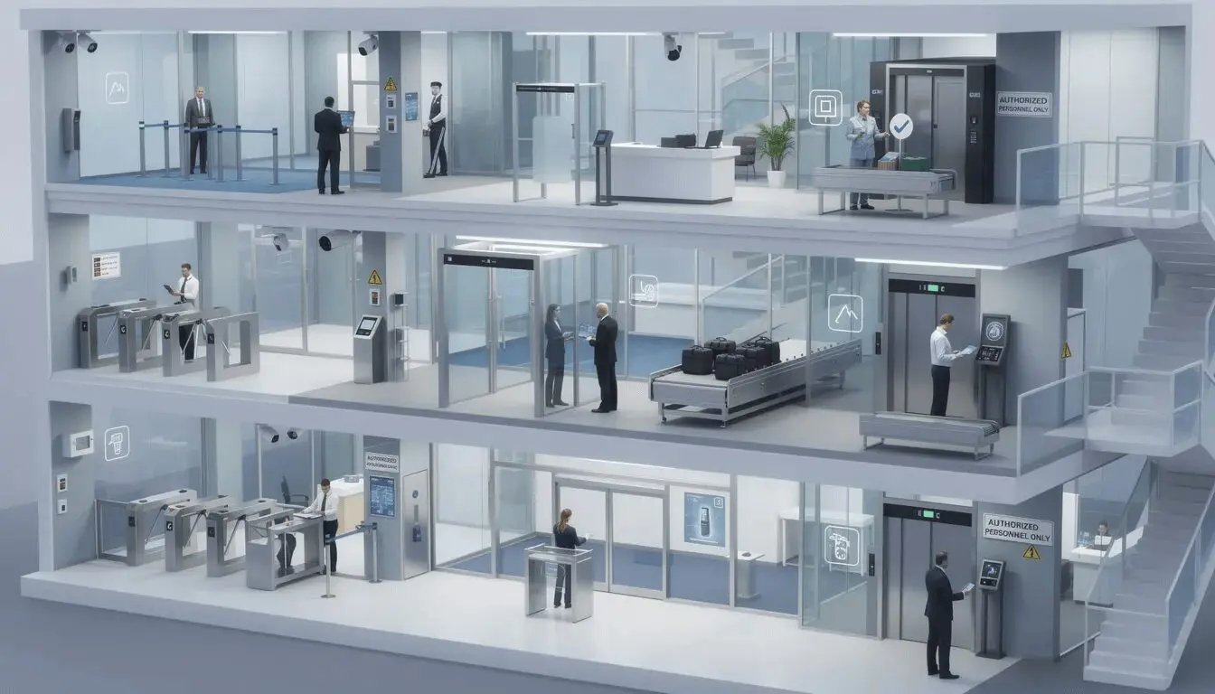 The image depicts a multi-storey building featuring various security checkpoints on each floor, symbolizing the concept of access control in Salesforce. Each level represents different user roles and profiles, illustrating how sharing rules and settings manage data visibility and control access for users based on their specific permissions and role hierarchy.