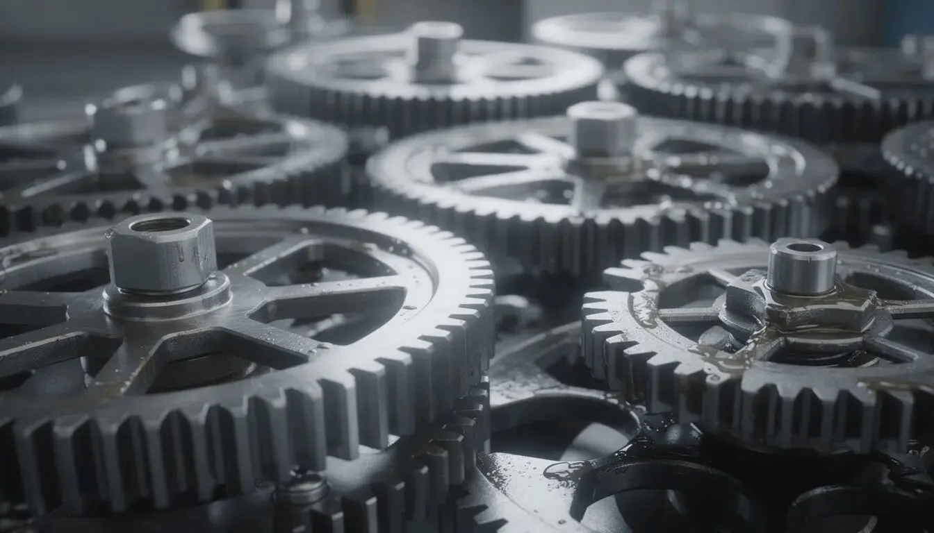 The image depicts a series of interconnected mechanical gears, symbolizing the complex relationship between Salesforce roles and profiles that work together to control access and manage user permissions within an organization. Each gear represents different components such as sharing settings, data visibility, and access control, highlighting how they function collaboratively to grant access to records and ensure data security.